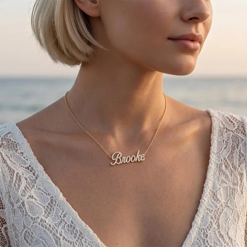 18k Dainty Iced Out Script Name Necklace