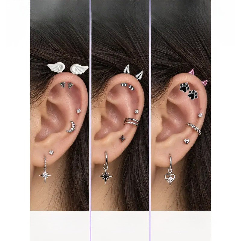 6pc Y2K Angel Wing & Paw Stud Earring Set