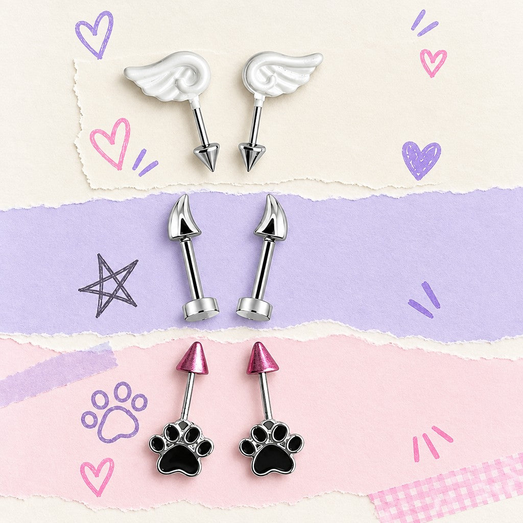 6pc Y2K Angel Wing & Paw Stud Earring Set