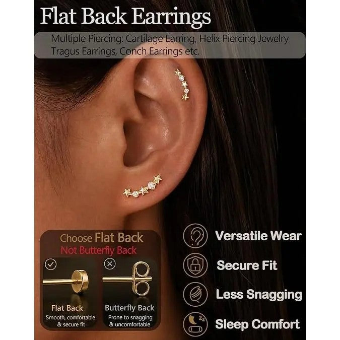14k Dainty Zircon Row Flat Back Earring