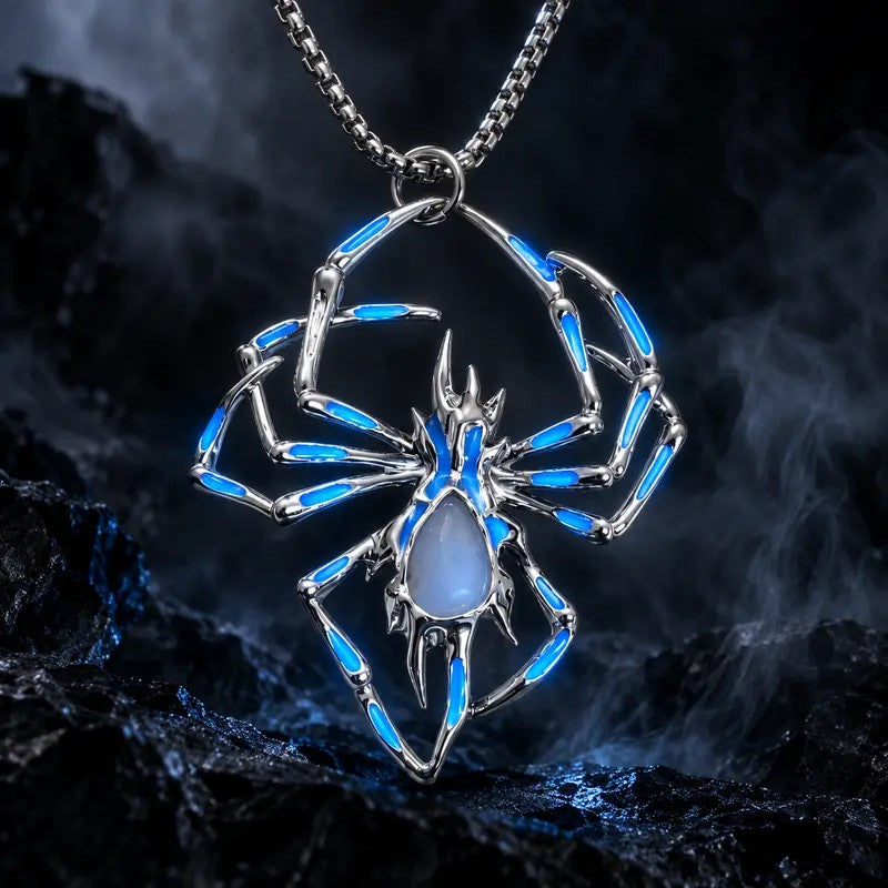 Gothic Blue Glow Spider Necklace