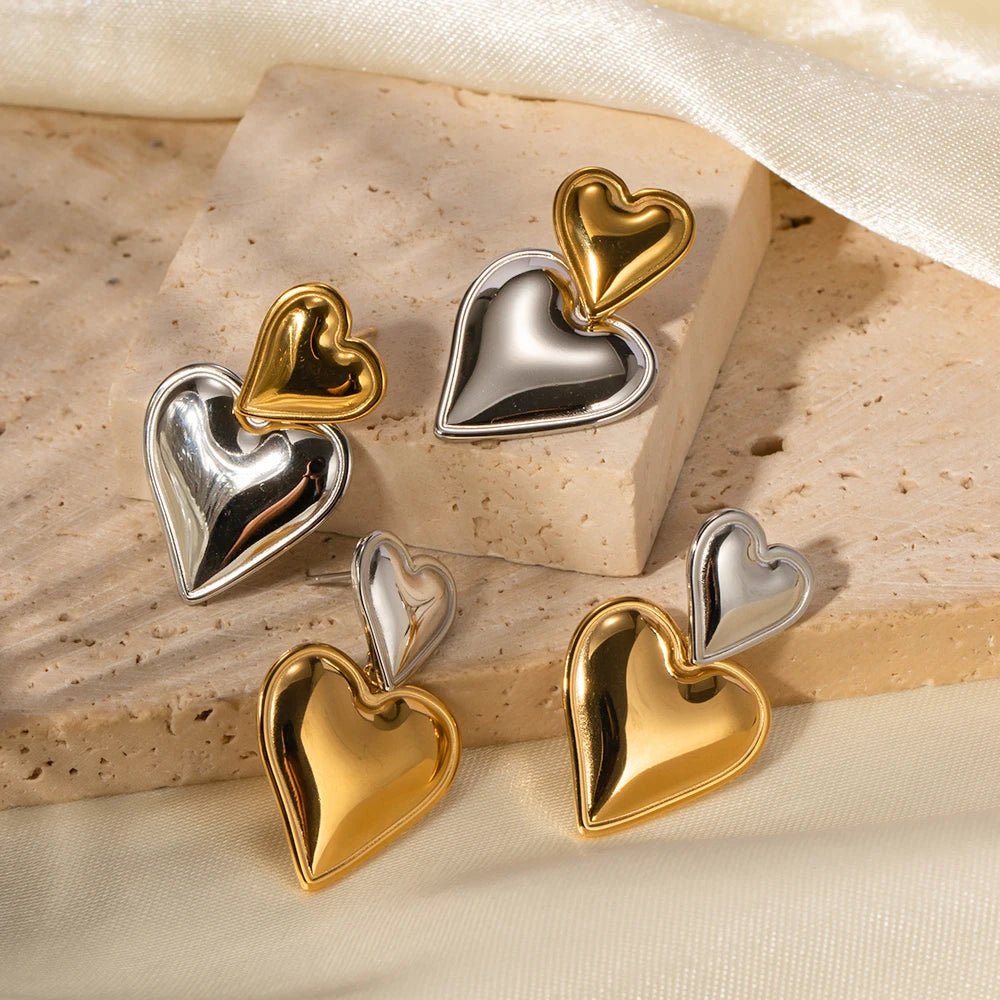 Two Tone Accented Heart Earrings - Veinci