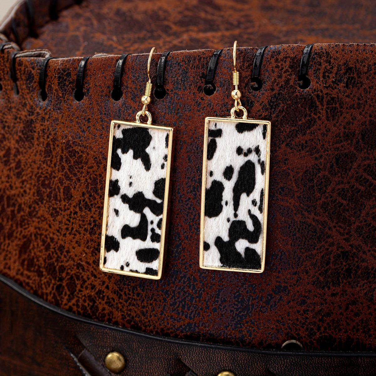 14k Rectangular Leopard Print Drop Earrings