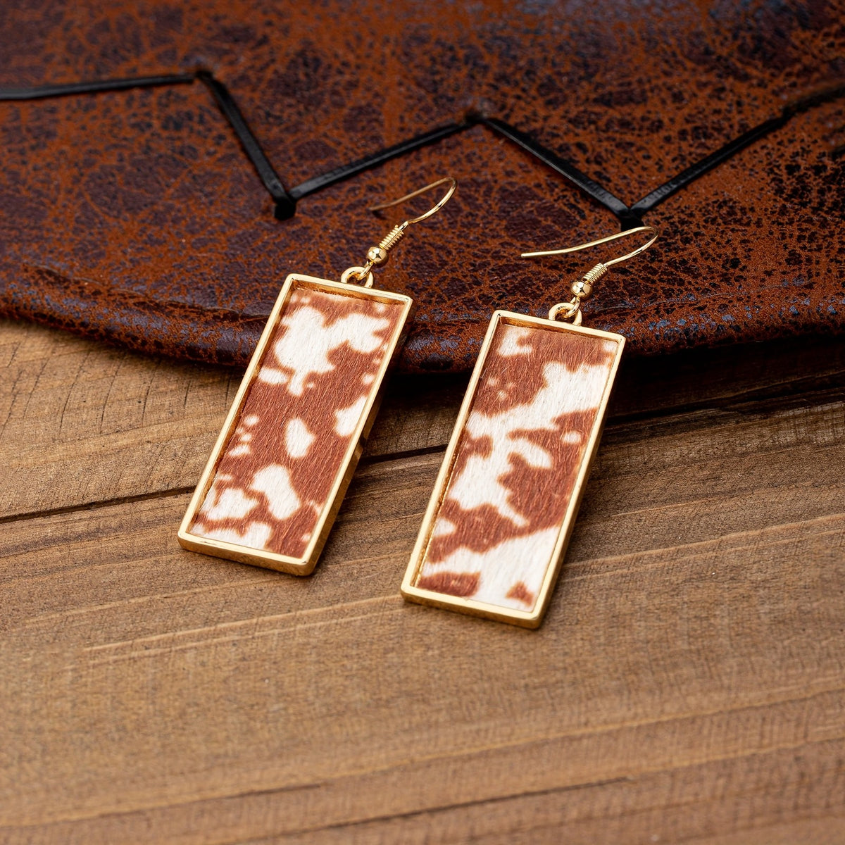 14k Rectangular Leopard Print Drop Earrings