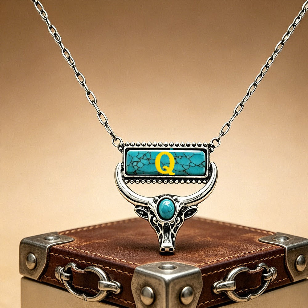 Boho Turquoise Bull Head Initial Necklace