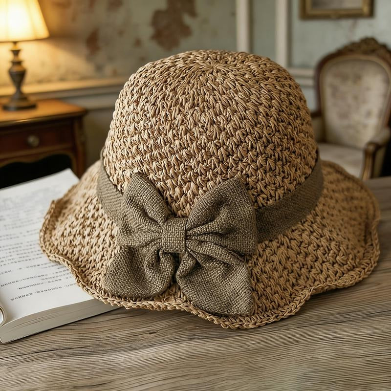 Woven Straw Hat With Ruffled Bow