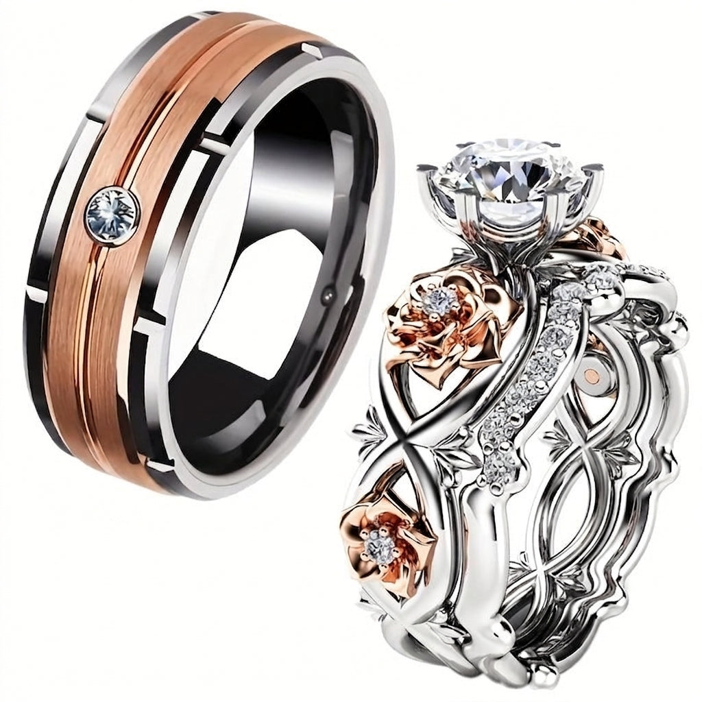 Silver Rose Gold Two-Tone Couples Ring Set