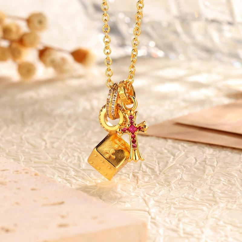14k Cross & Dice Charm Necklace