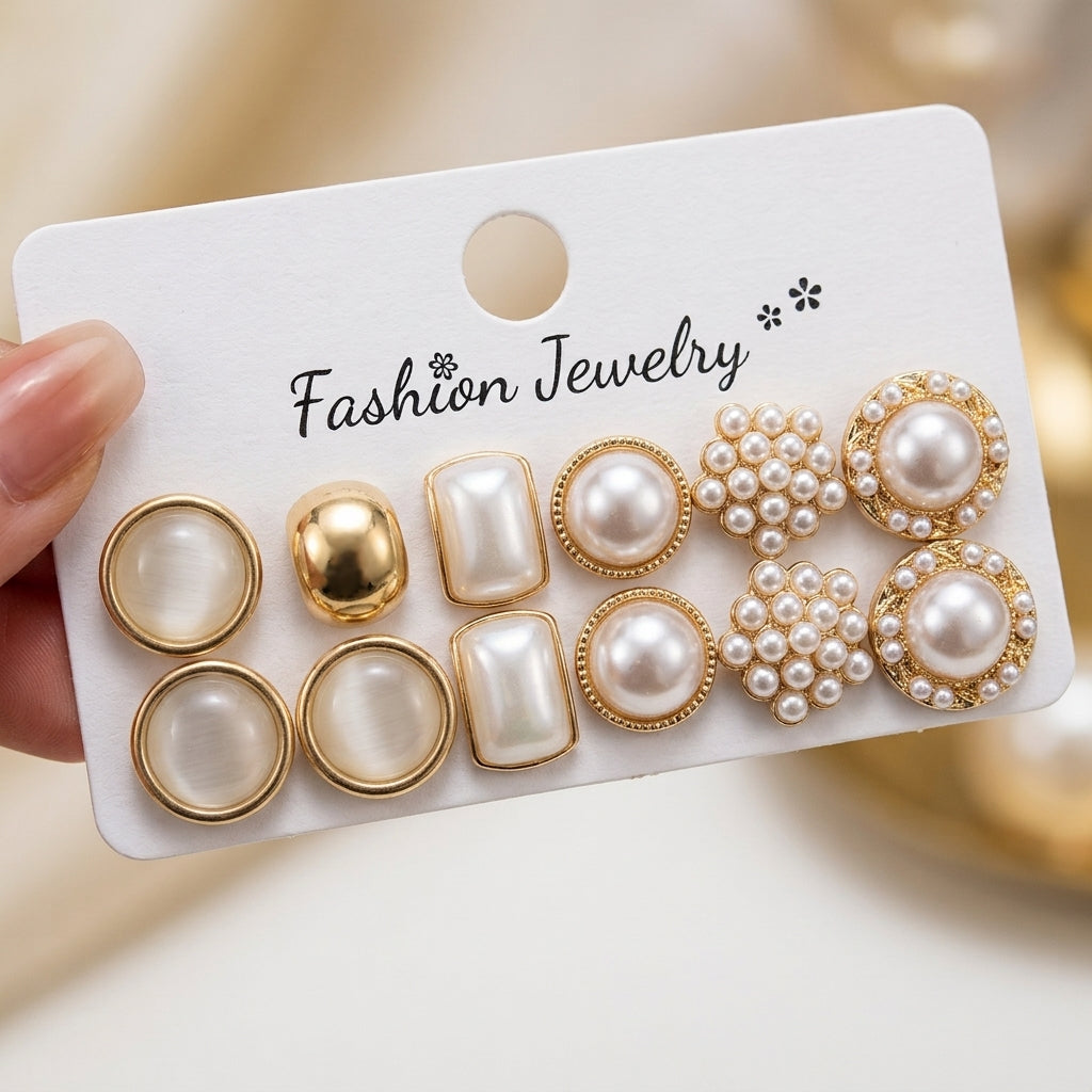 6 Pairs Elegant Pearl Stud Earrings Set