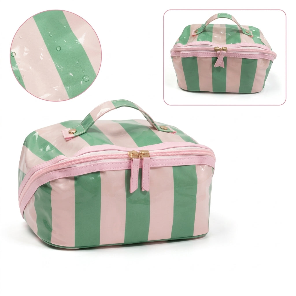 Wide Opening Striped Makeup Bag