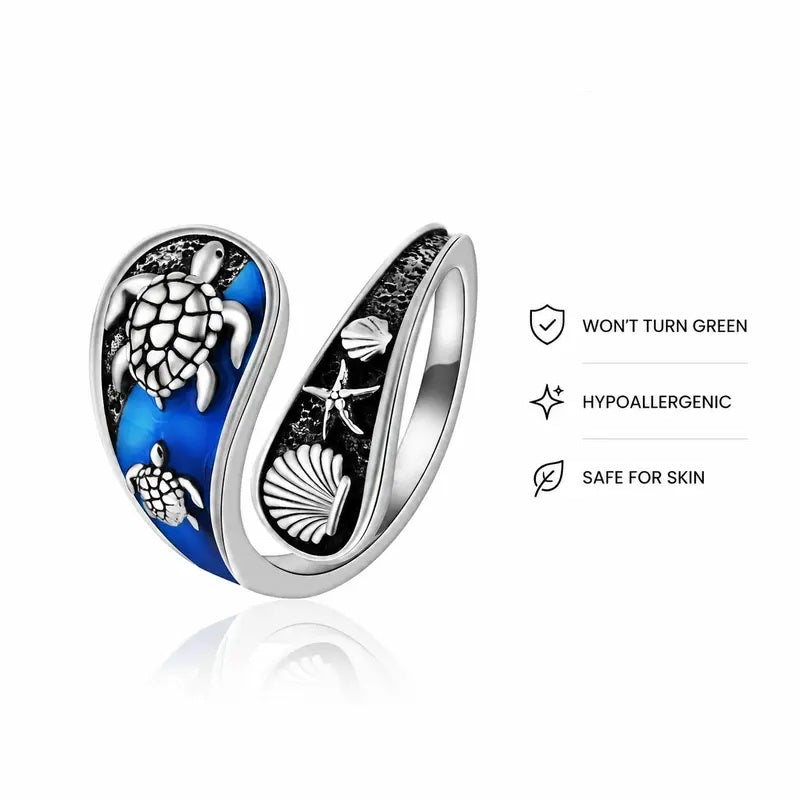 Boho Sea Turtle & Shell Open Ring