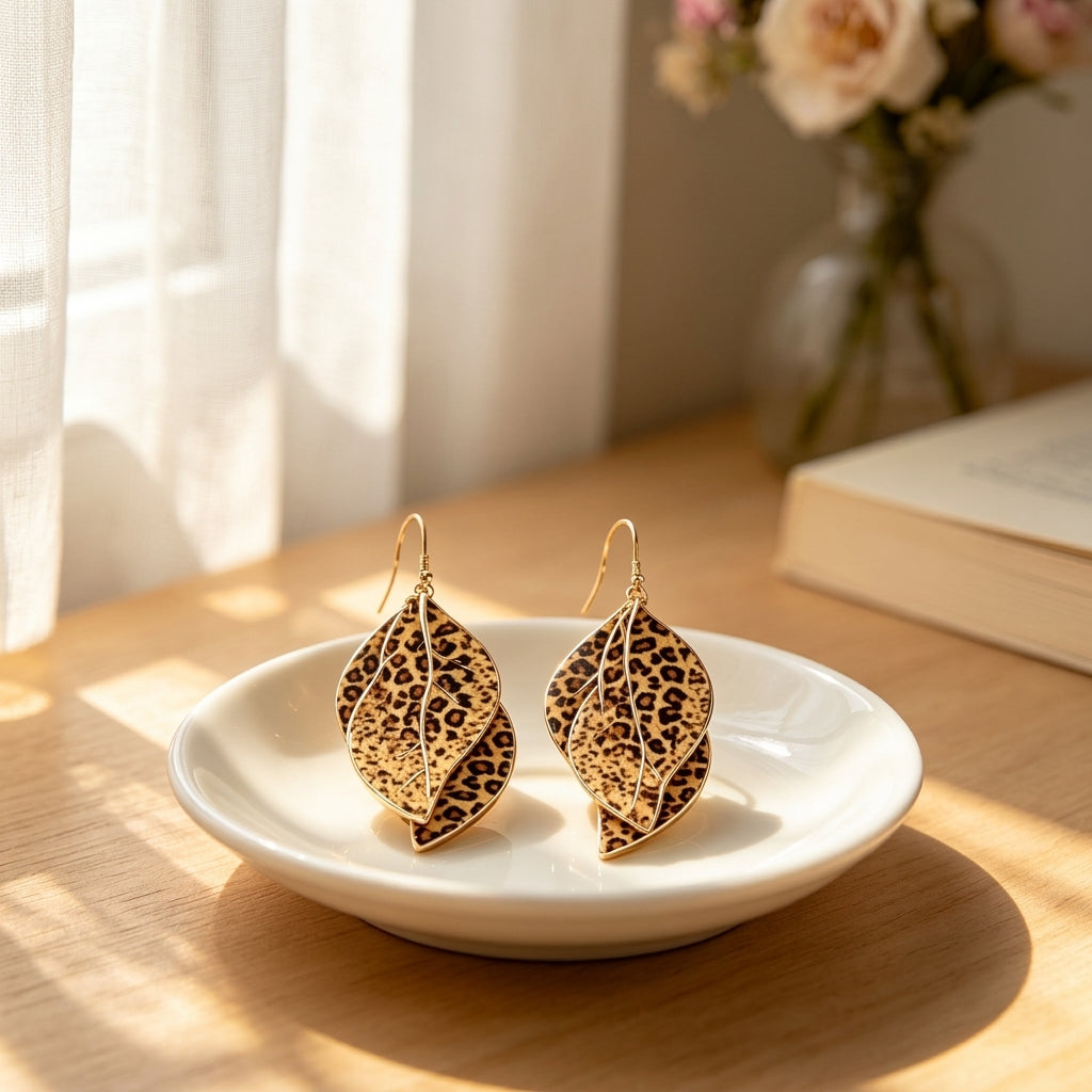 Bold Leopard Print Layered Leaf Earrings