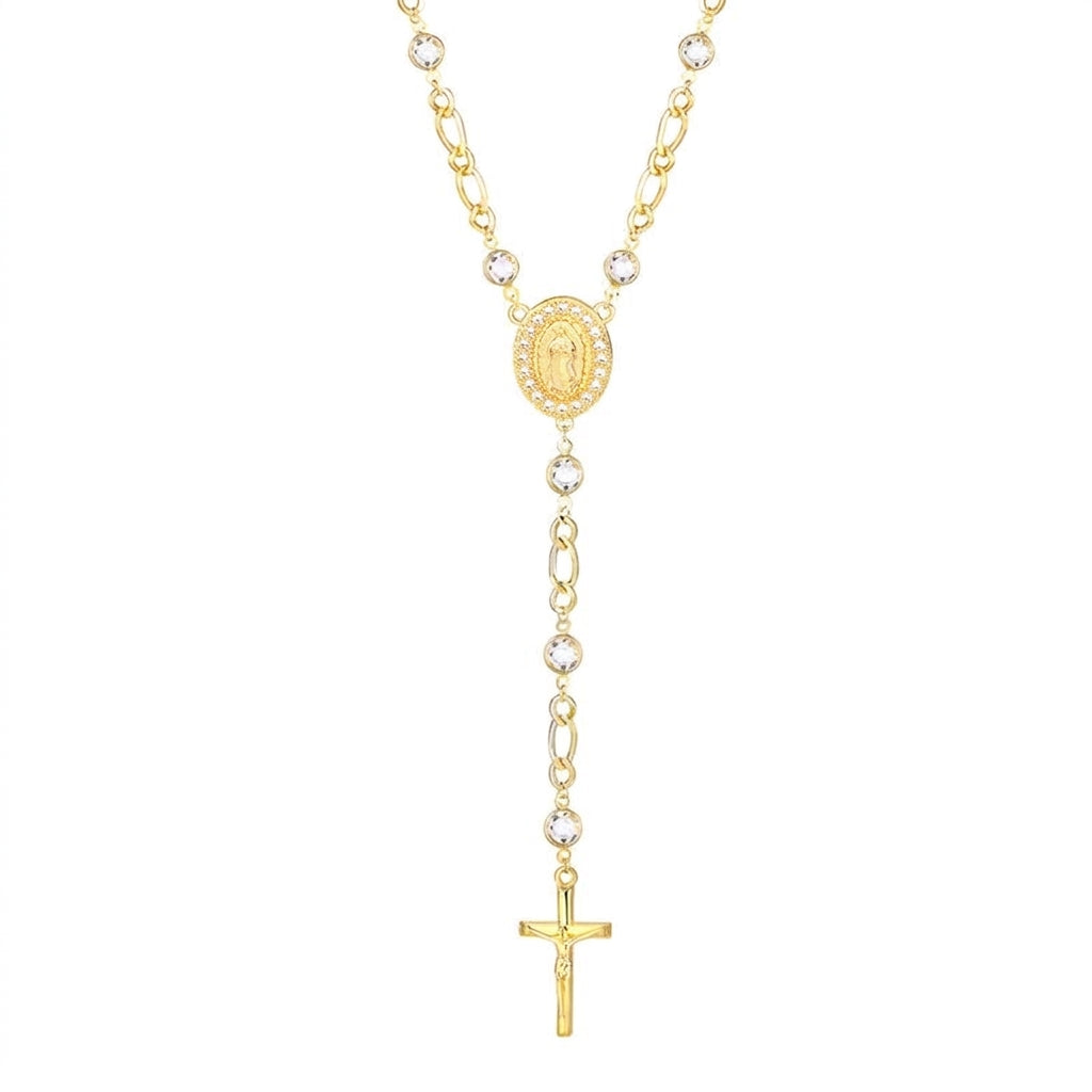 18k Figaro Rosary Virgin Mary Cross Lariat Necklace