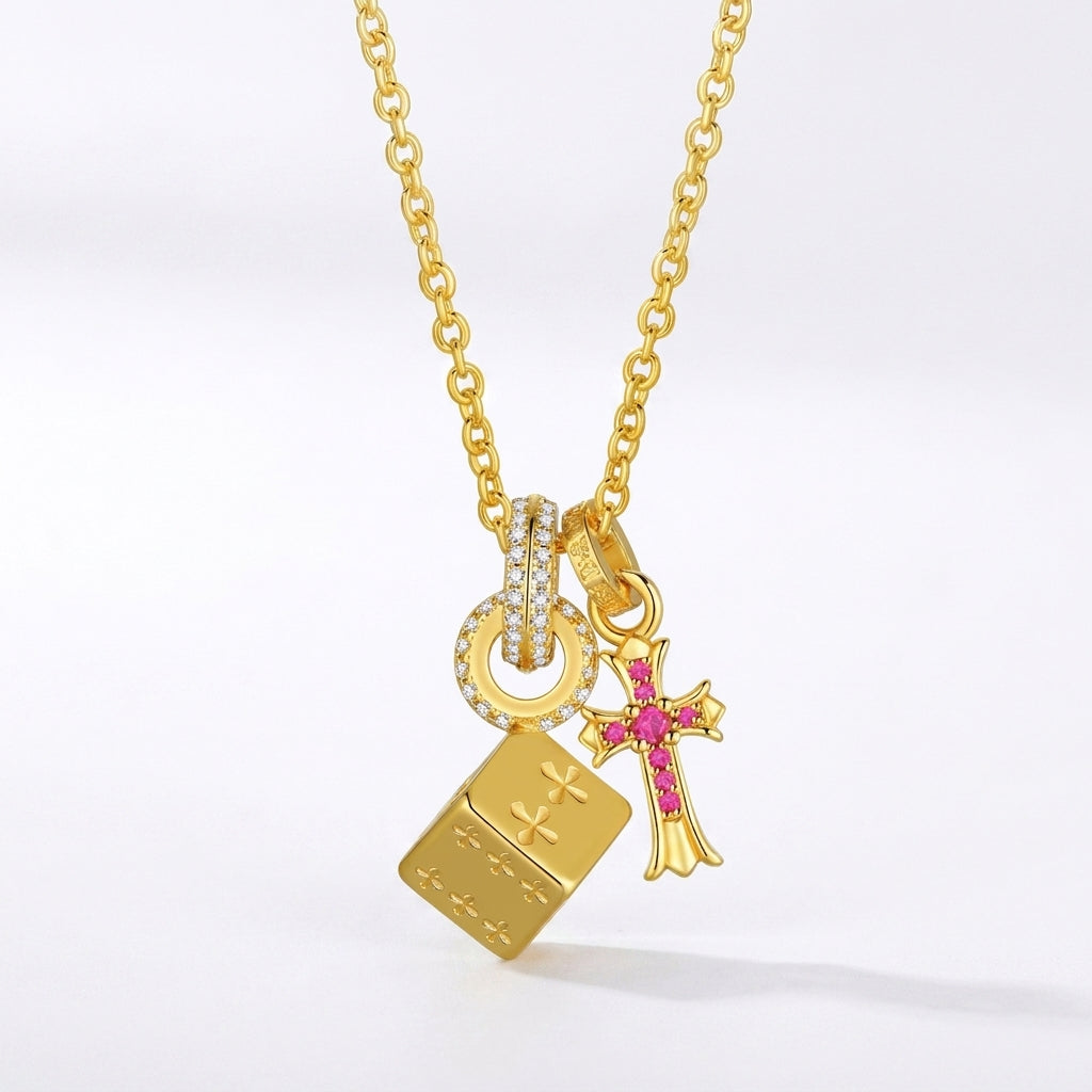 14k Cross & Dice Charm Necklace
