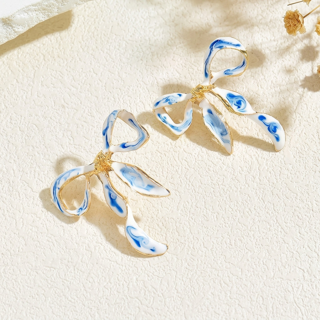 Elegant Blue & White Bow Earrings