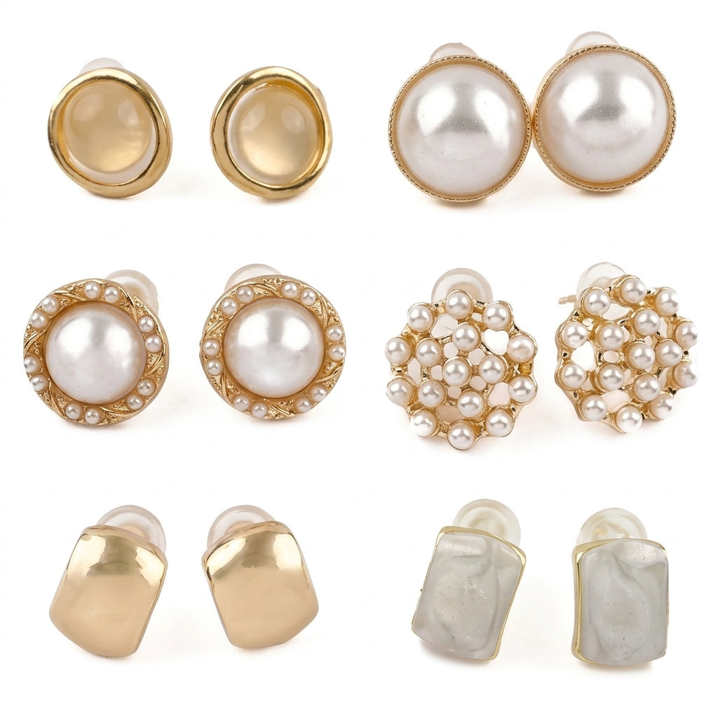 6 Pairs Elegant Pearl Stud Earrings Set