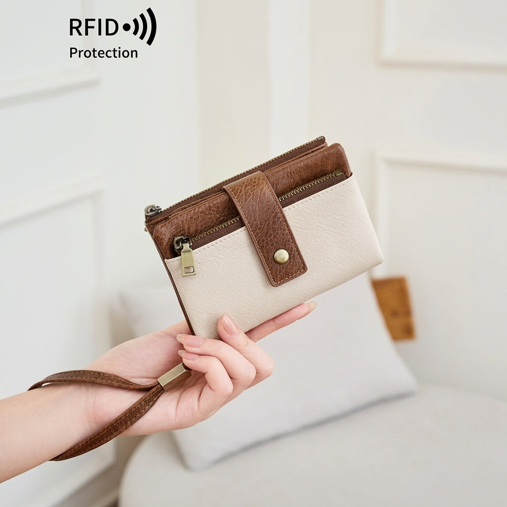 RFID Blocking Elegant Zipper Buttoned Wallet