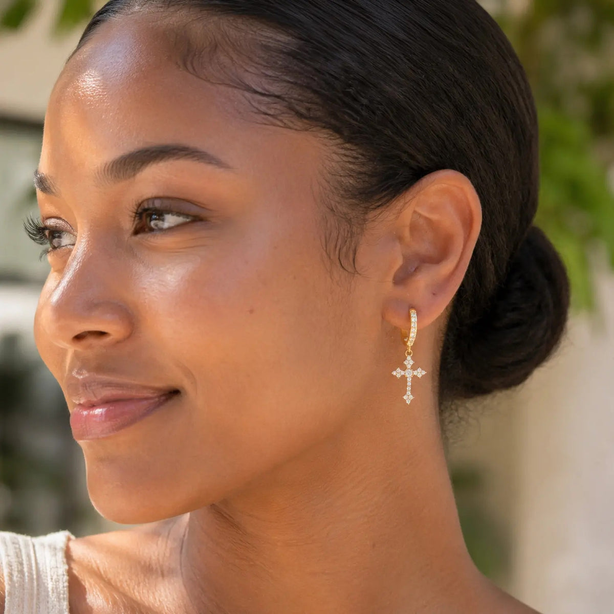 14k Sparkling Cross Dangle Hoop Earrings