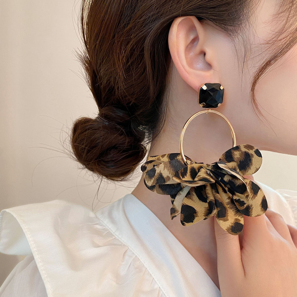 Leopard Print Ruffled Flower Hoop Earrings