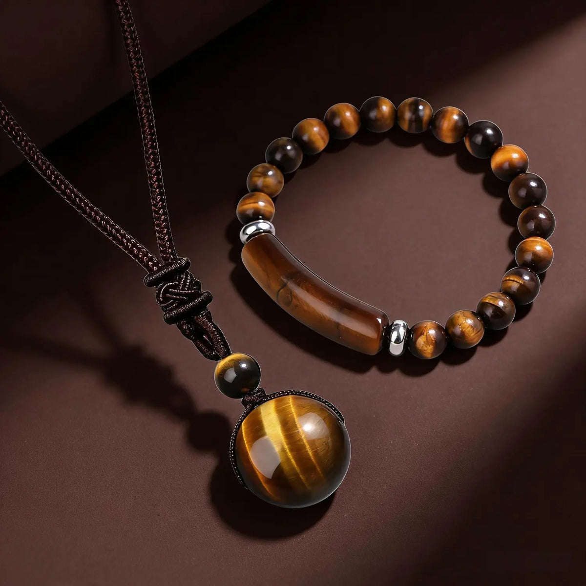 2pc Tiger Eye Pendant Necklace and Bracelet Set