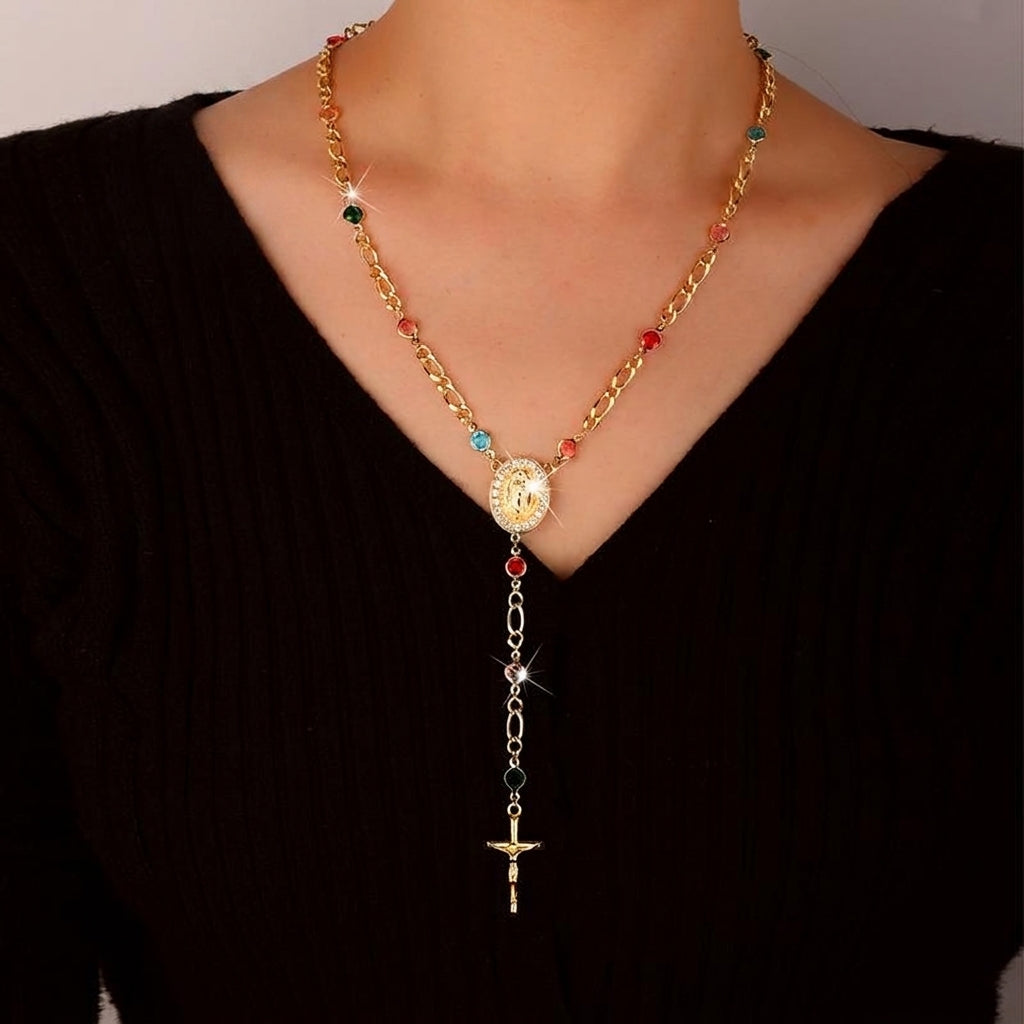 18k Figaro Rosary Virgin Mary Cross Lariat Necklace