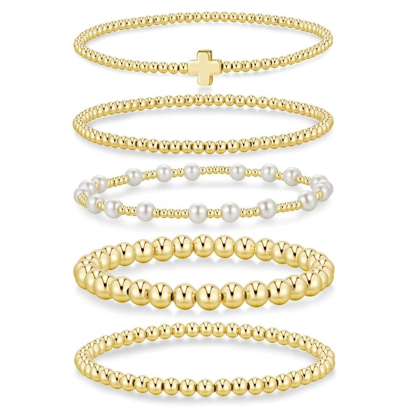 14k 5pc Beaded Cross Bracelet Stack