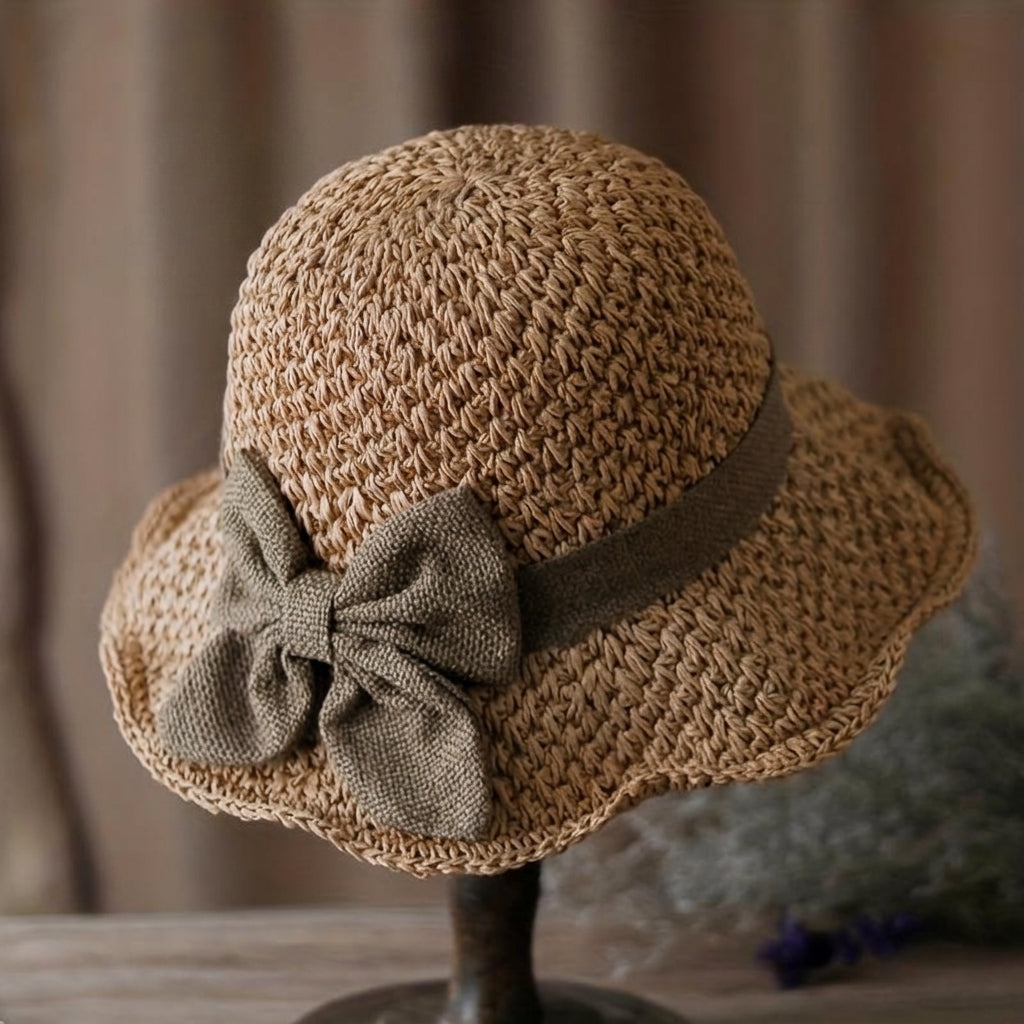 Woven Straw Hat With Ruffled Bow