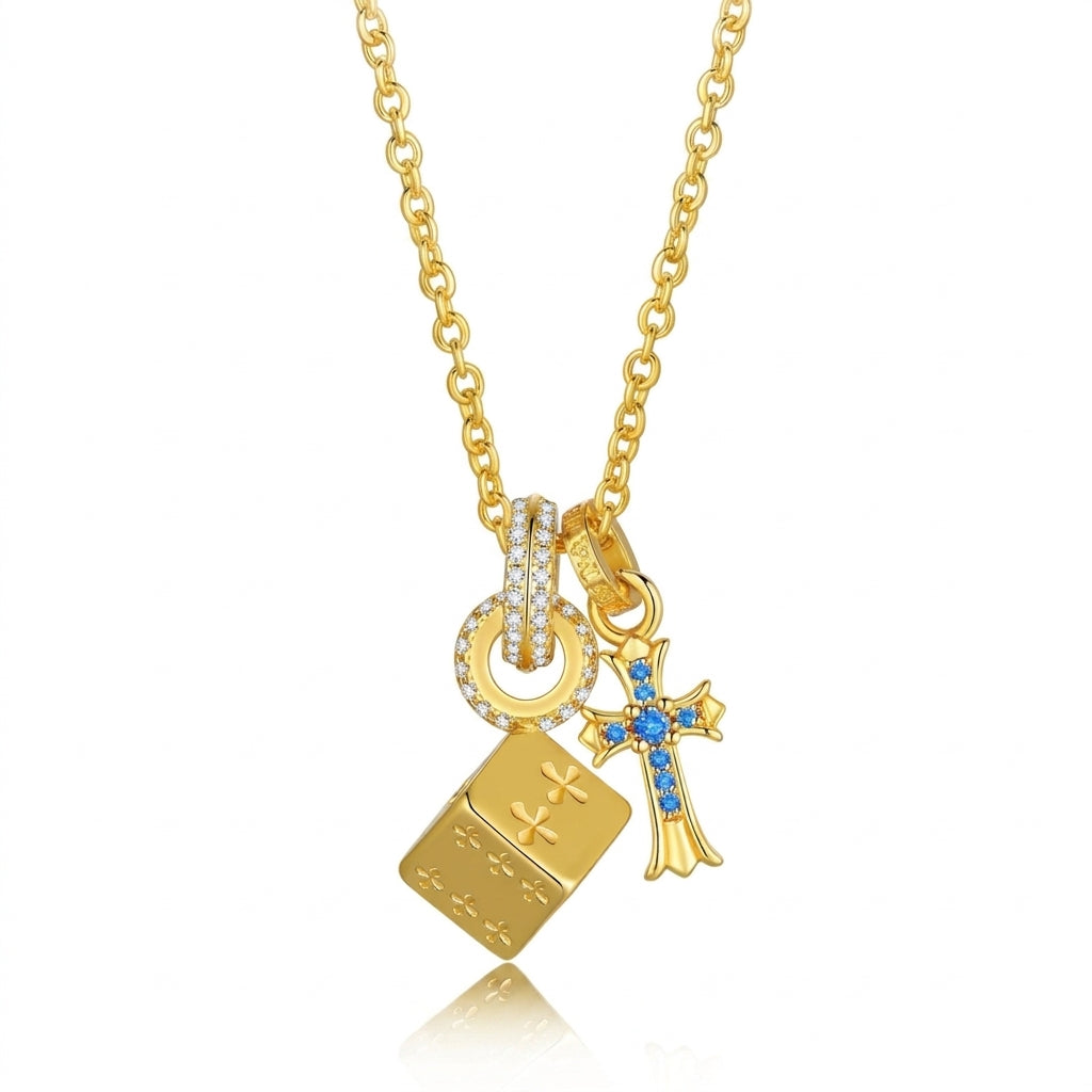 14k Cross & Dice Charm Necklace