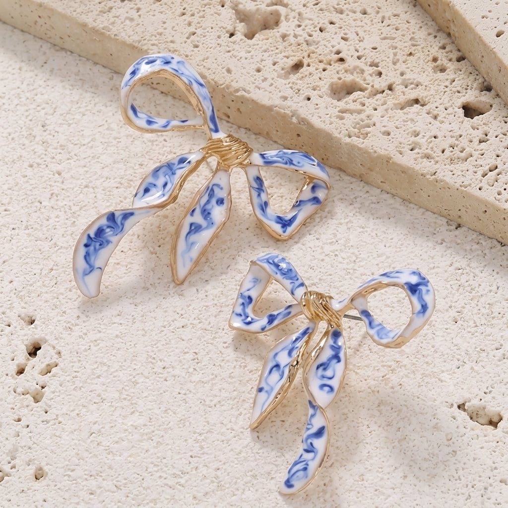 Elegant Blue & White Bow Earrings