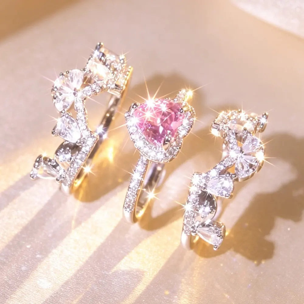 3pc Pink Heart Crown Stackable Ring Set
