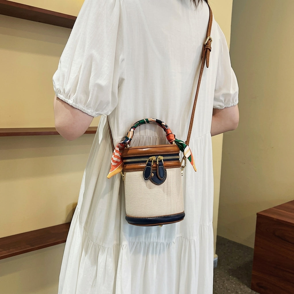 Elegant Scarf Handle Bucket Bag