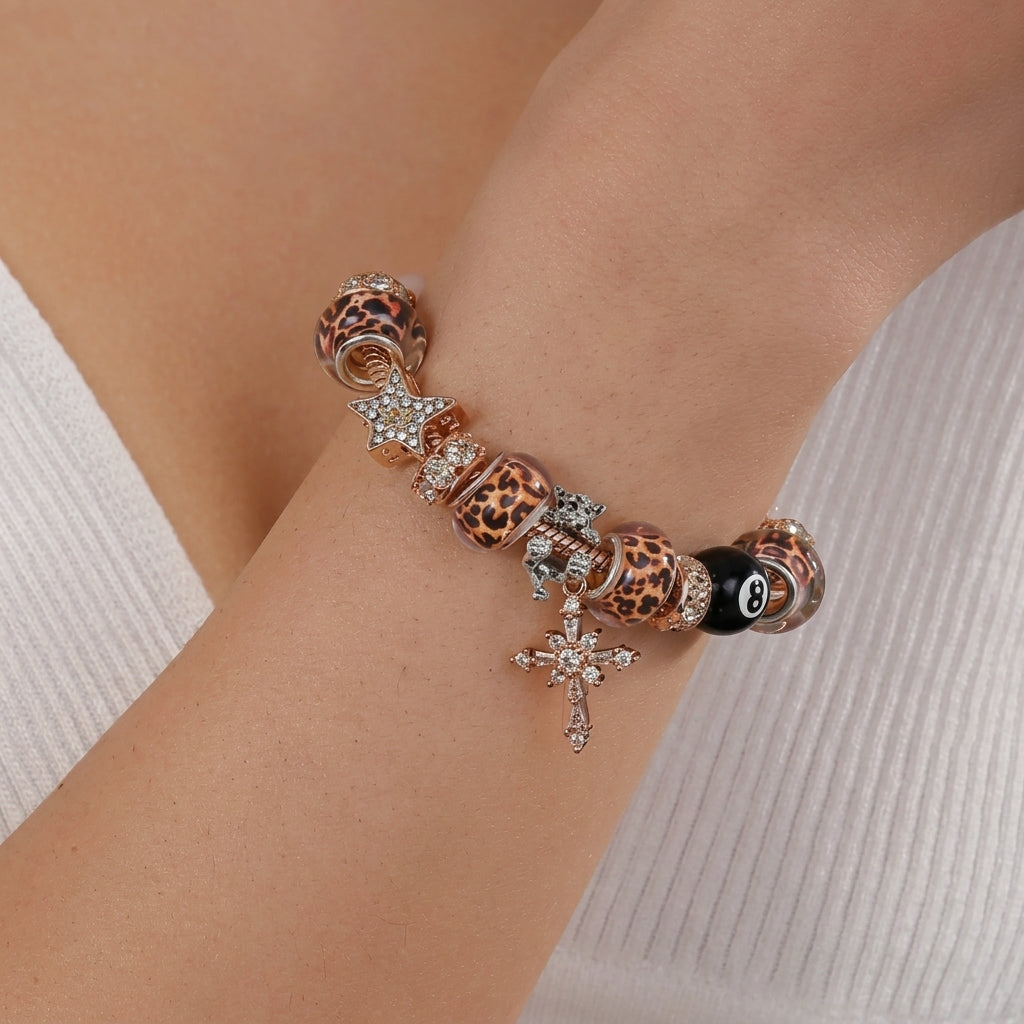 Chic Leopard Bead Cross Bracelet