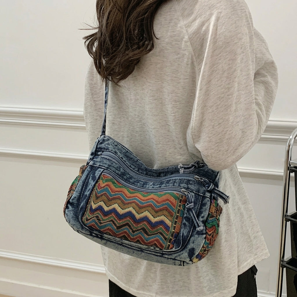 Vintage Denim Patchwork Shoulder Bag
