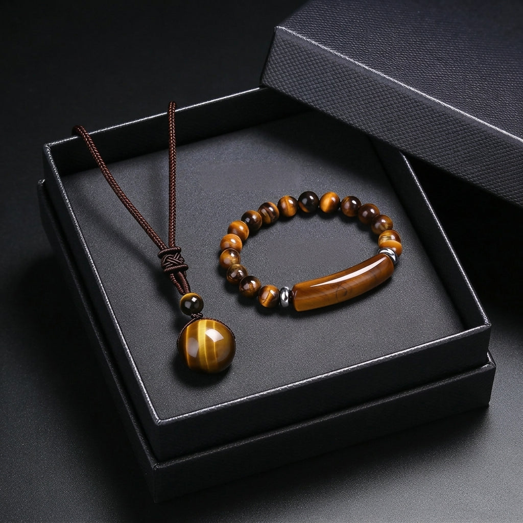 2pc Tiger Eye Pendant Necklace and Bracelet Set