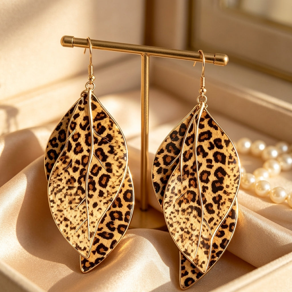 Bold Leopard Print Layered Leaf Earrings