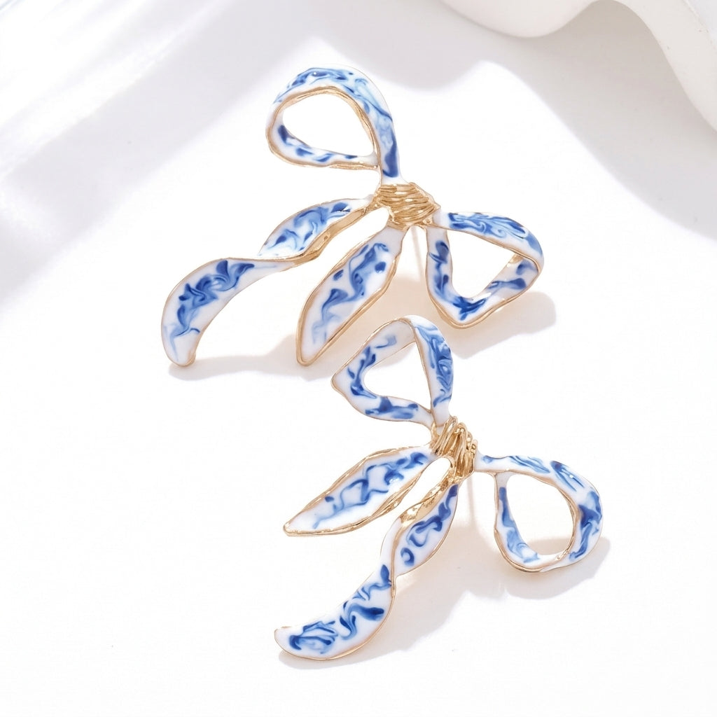 Elegant Blue & White Bow Earrings