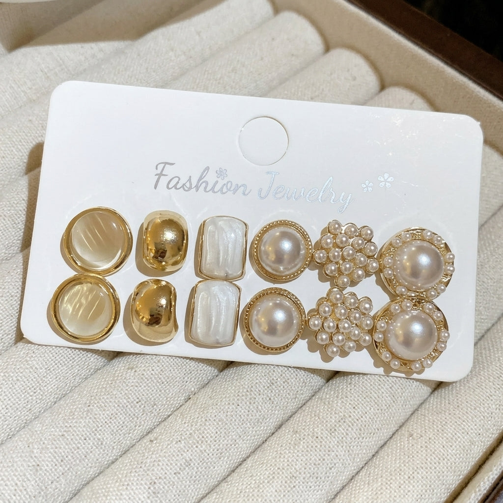6 Pairs Elegant Pearl Stud Earrings Set