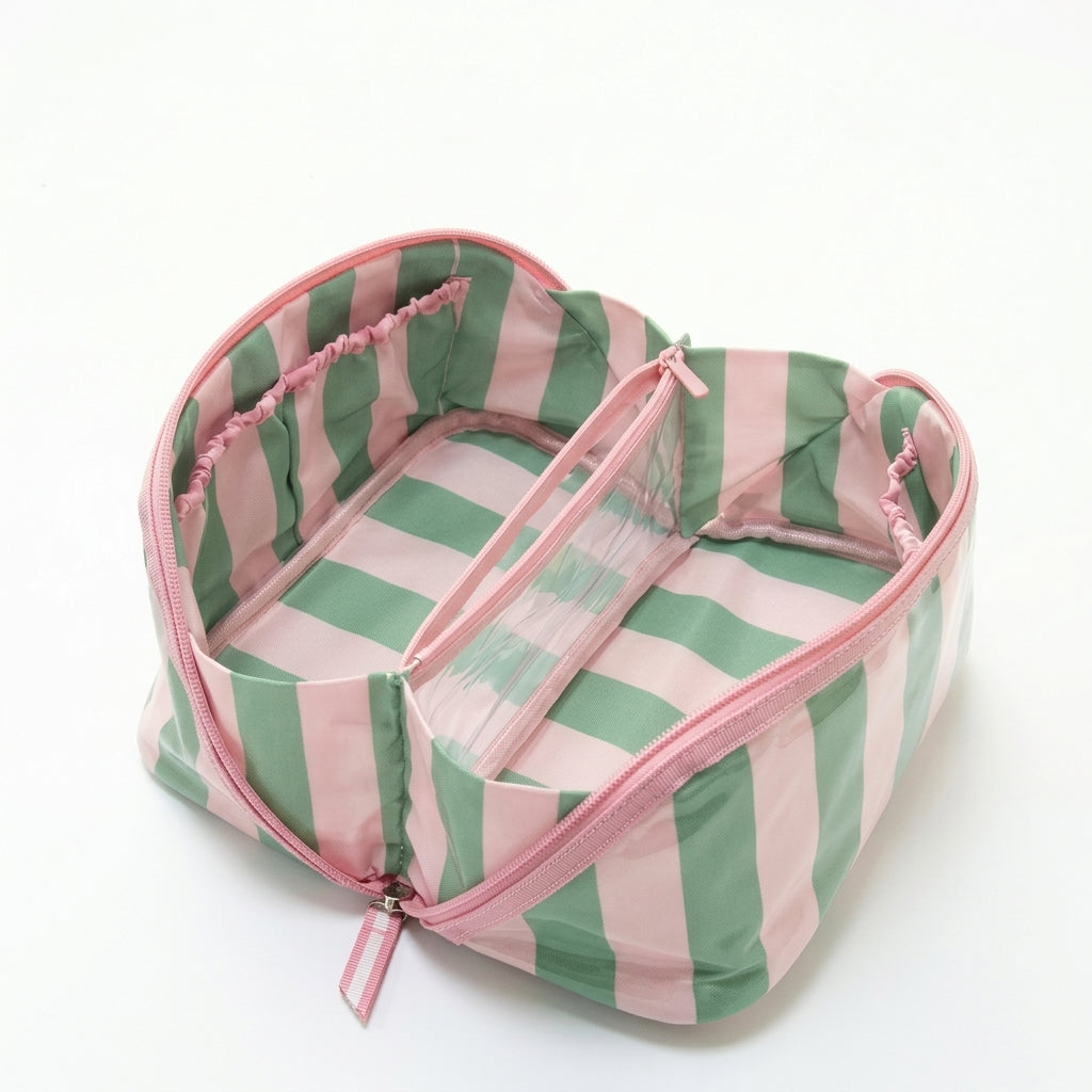 Wide Opening Striped Makeup Bag