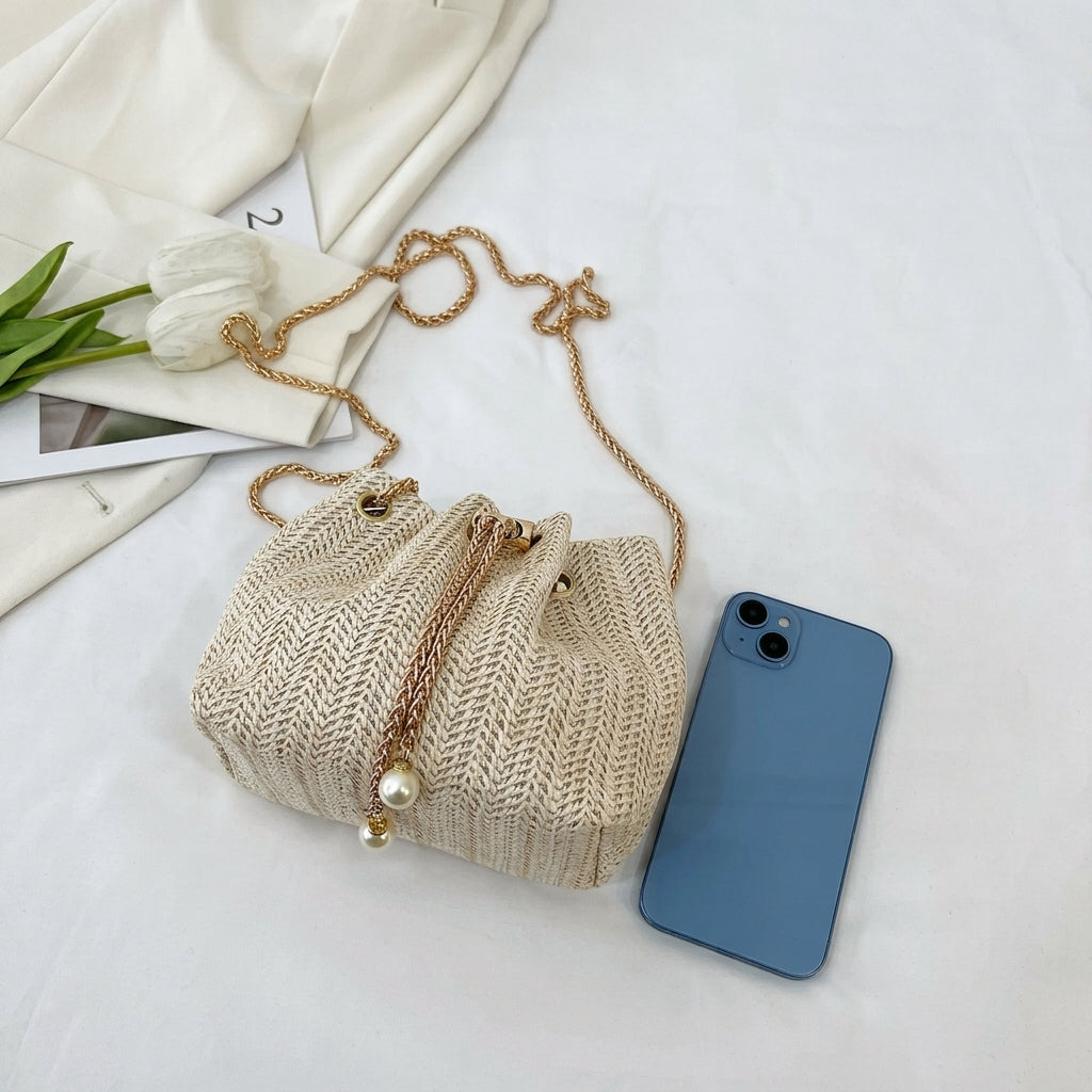 Boho Woven Drawstring Bucket Bag