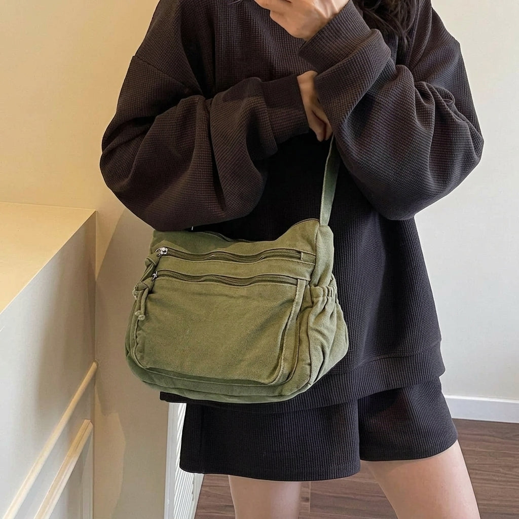 Multi-Pocket Canvas Crossbody Bag