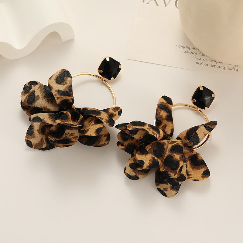 Leopard Print Ruffled Flower Hoop Earrings