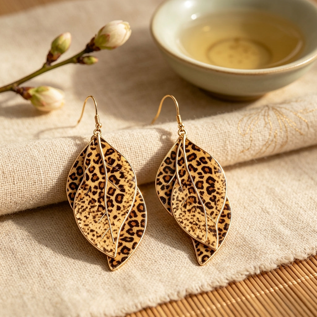 Bold Leopard Print Layered Leaf Earrings