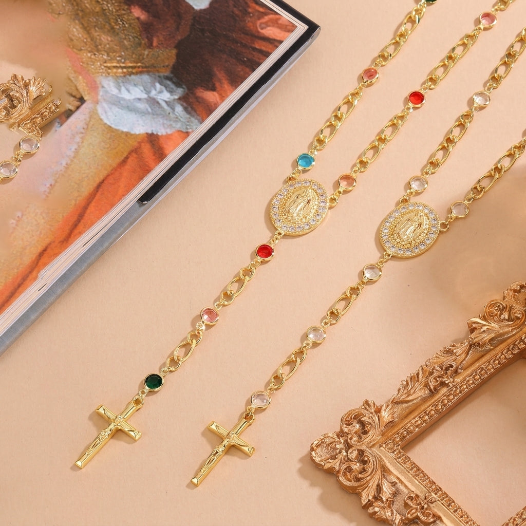 18k Figaro Rosary Virgin Mary Cross Lariat Necklace