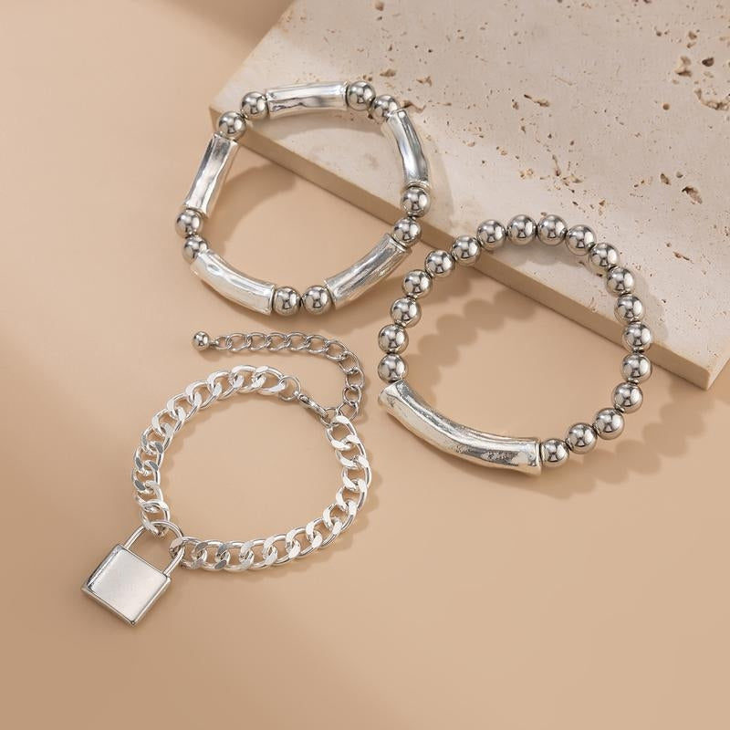 3pc Chunky Lock & Toggle Clasp Bracelet Stack