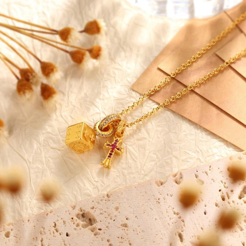 14k Cross & Dice Charm Necklace
