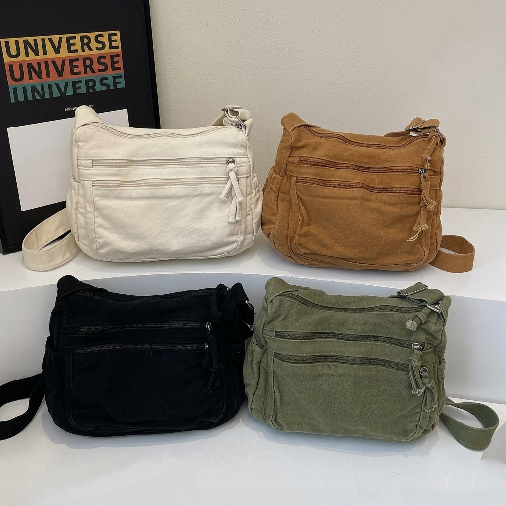 Multi-Pocket Canvas Crossbody Bag