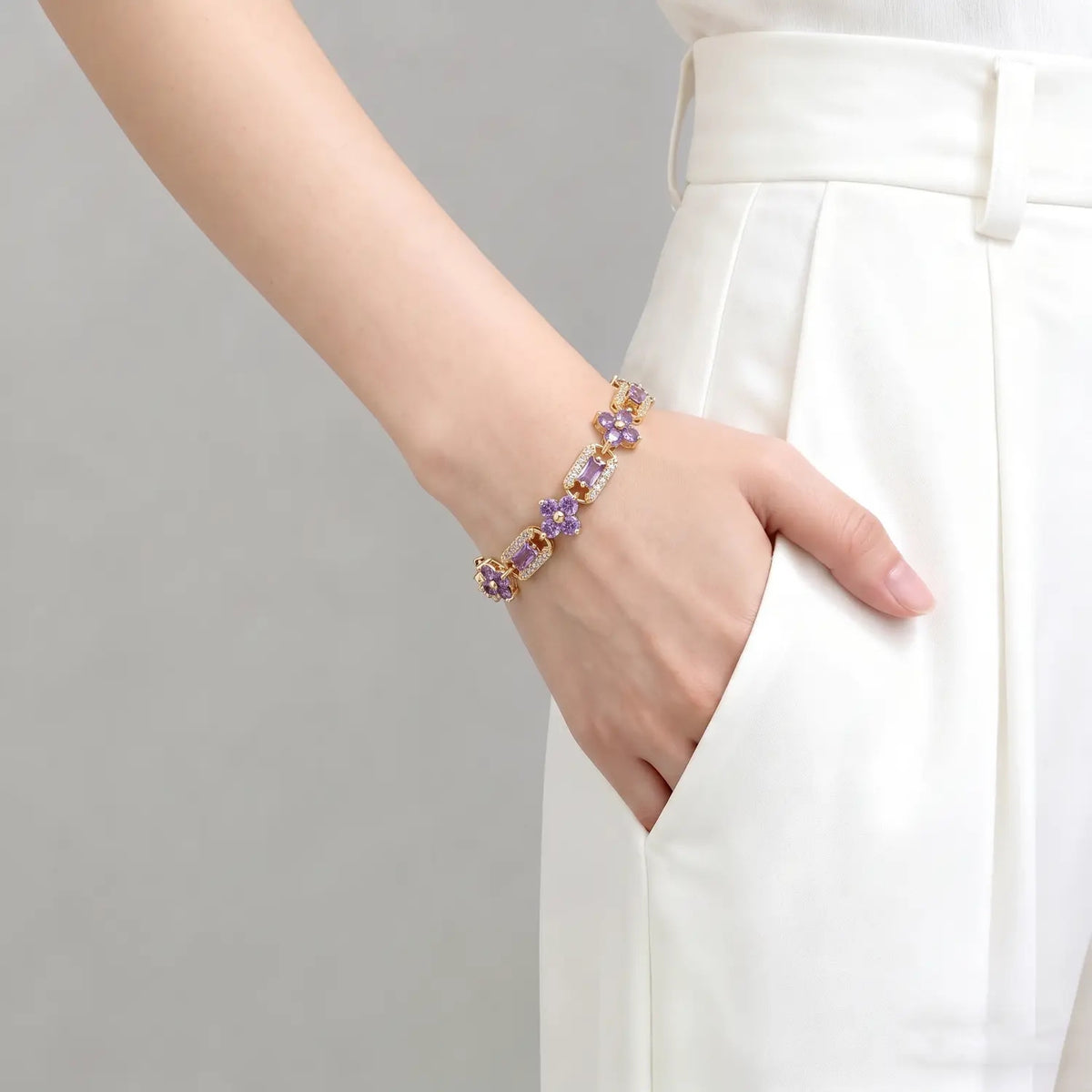 14k Elegant Purple Four-Leaf Clover Bracelet