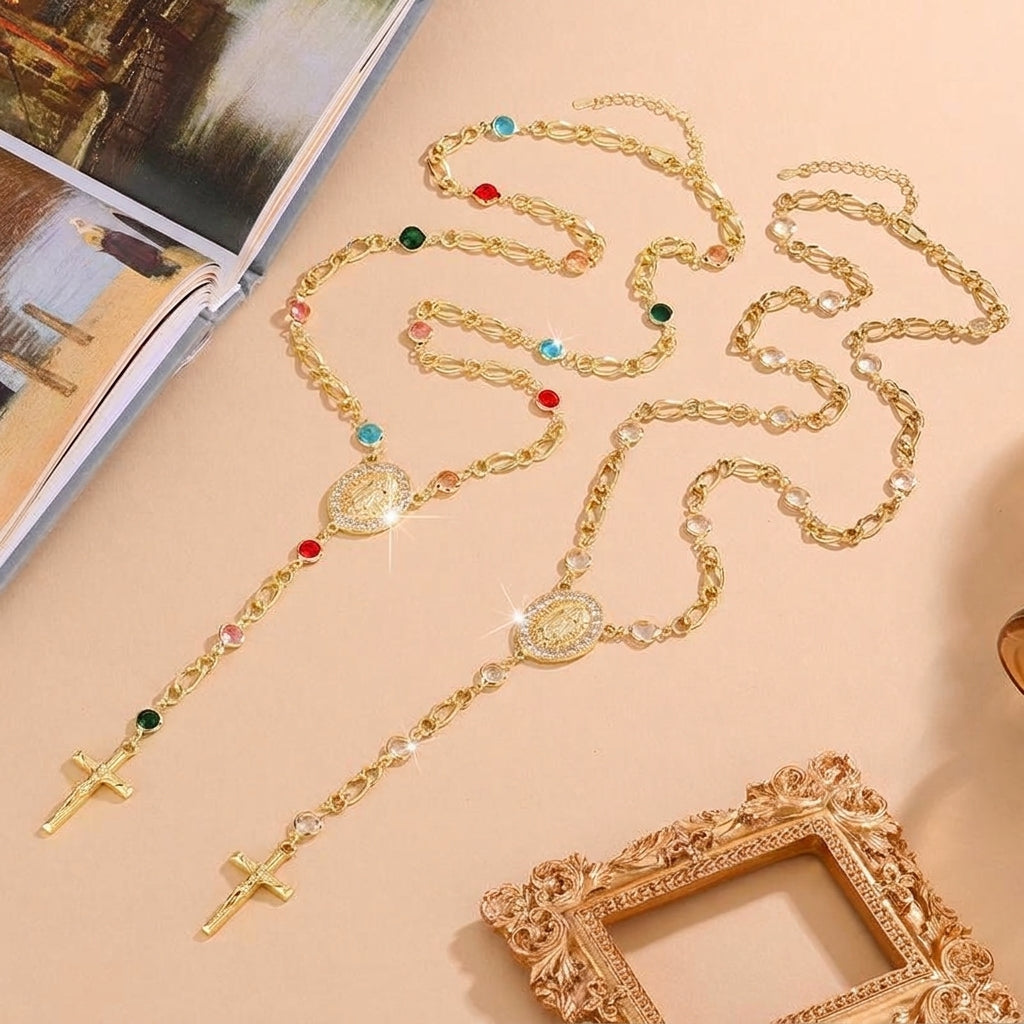18k Figaro Rosary Virgin Mary Cross Lariat Necklace