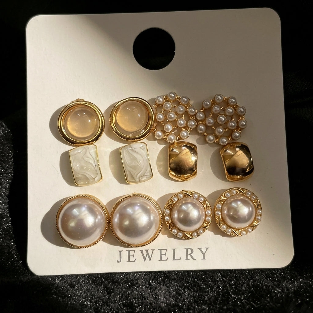 6 Pairs Elegant Pearl Stud Earrings Set