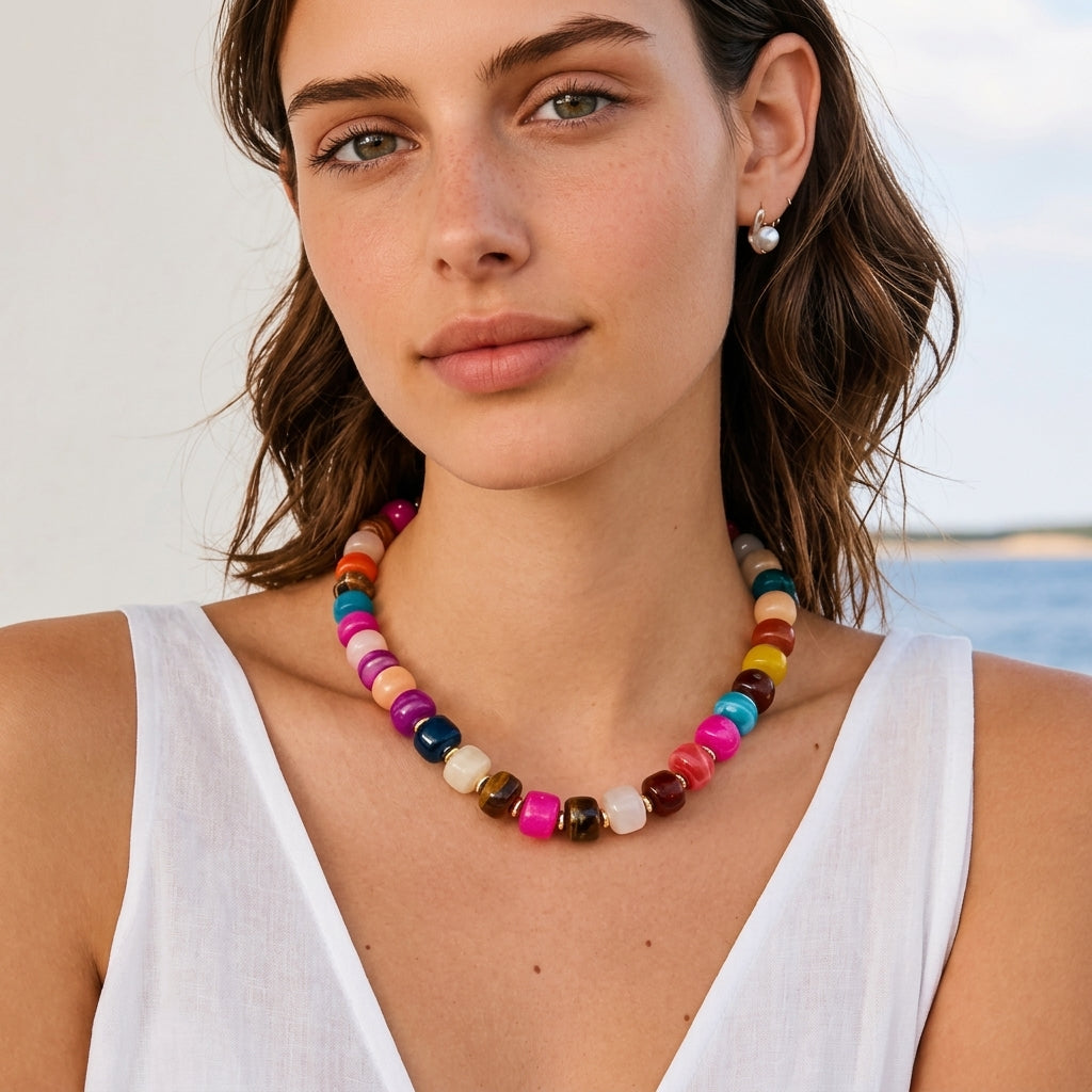 Boho Chunky Bead Necklace and Bracelet Set